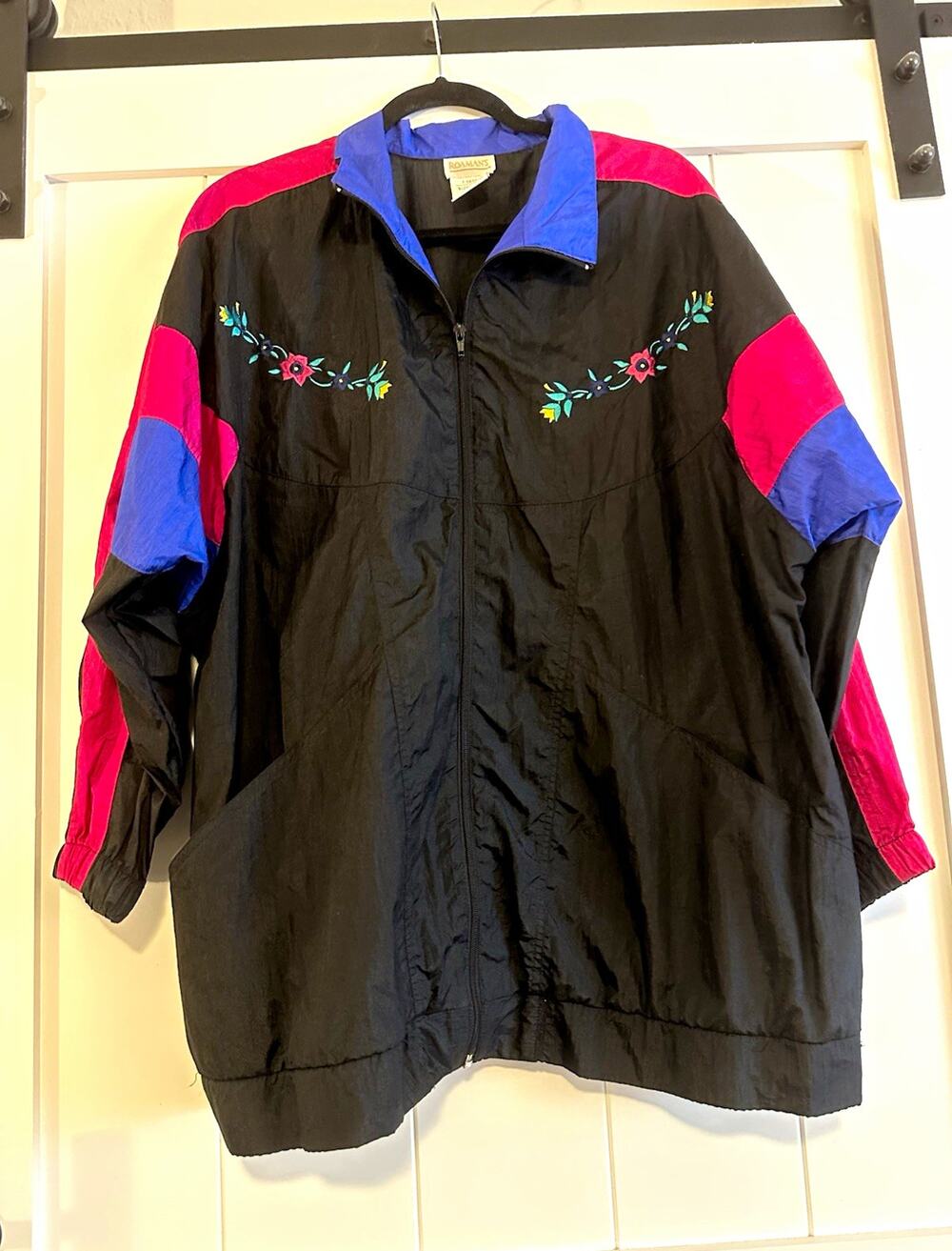 Roaman's Women's Colorblock Embroidered Zip Lightweight Windbreaker L Black